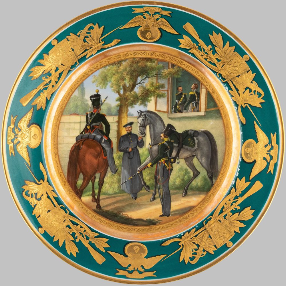 Russian Imperial Porcelain Factory plate depicting Dragoons