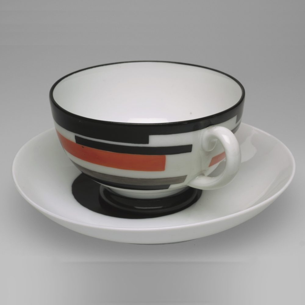 Soviet porcelain cup and saucer from Suprematism "Diagonal Movement" service by Nikolai Suetin. Lomonosov State Porcelain factory, St Petersburg. 1923
