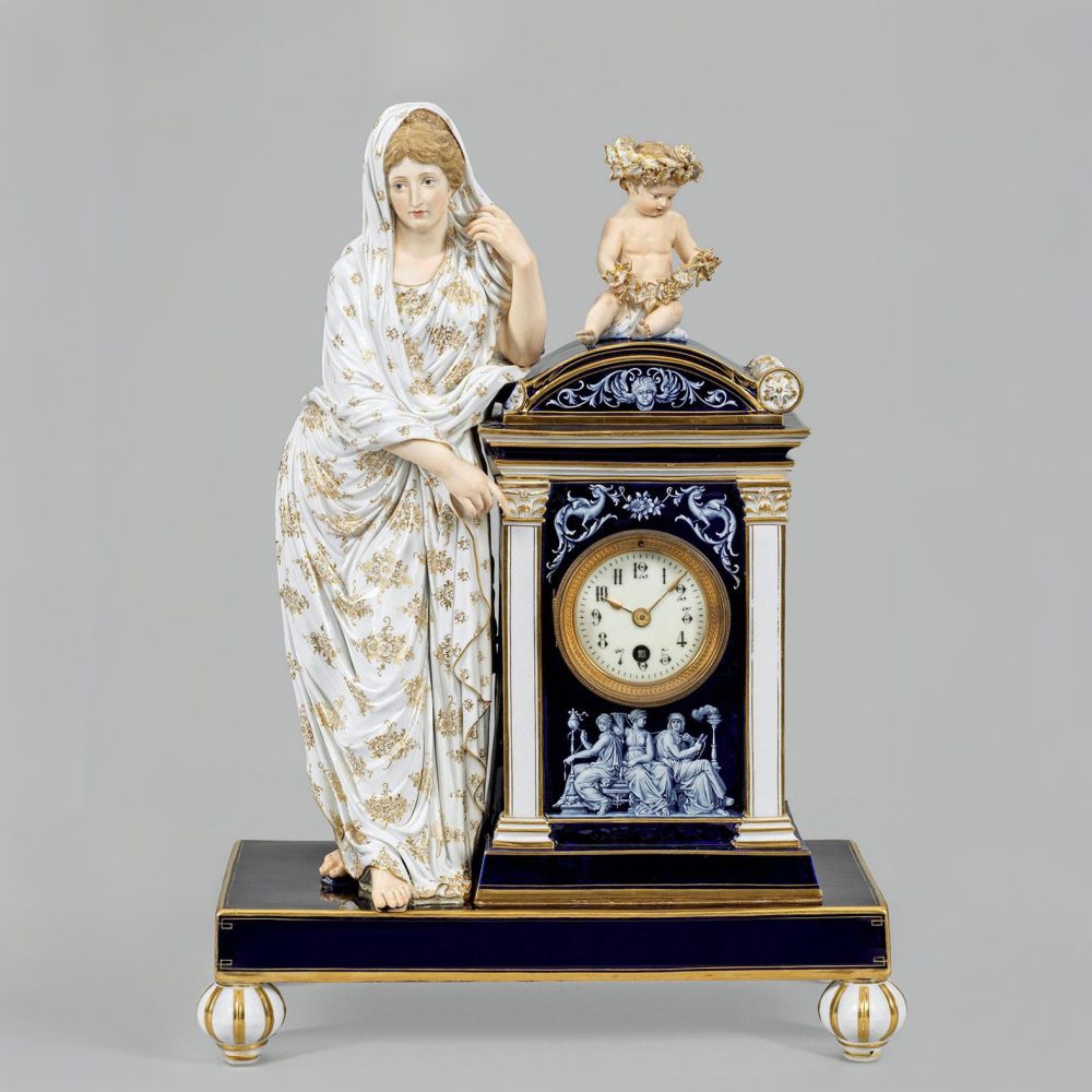 Meissen M68 Figural Clock In French Enamel Limoges Style