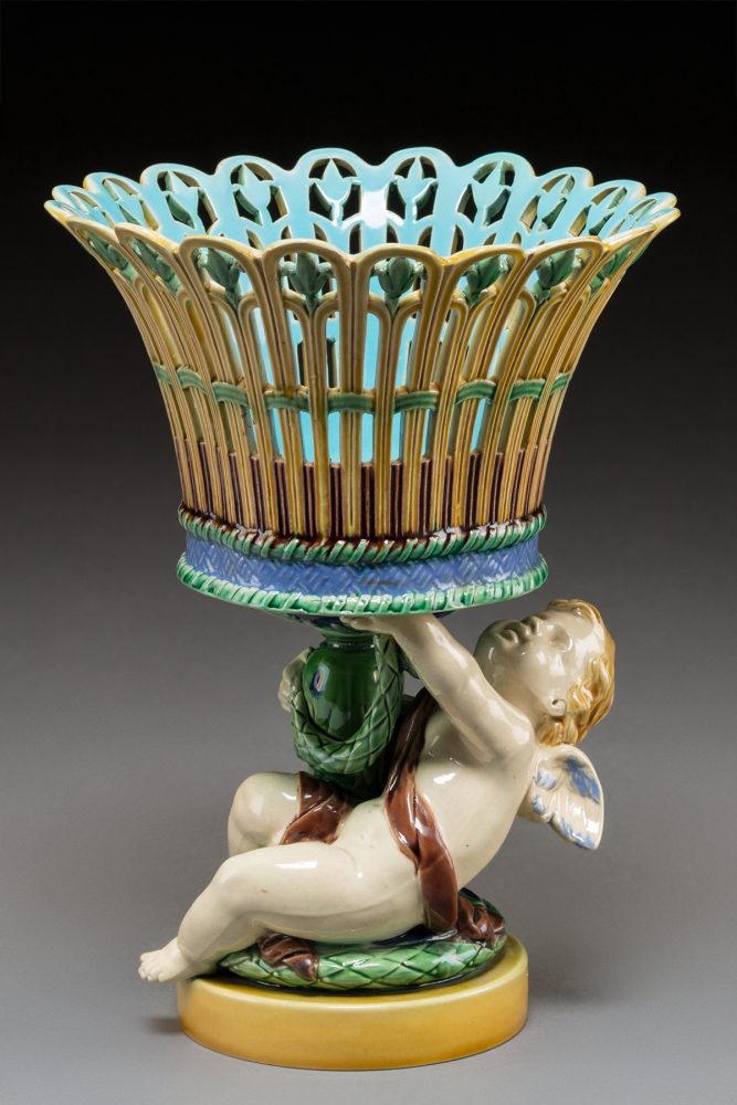 Minton 1190 Majolica Cupid Holding Basket