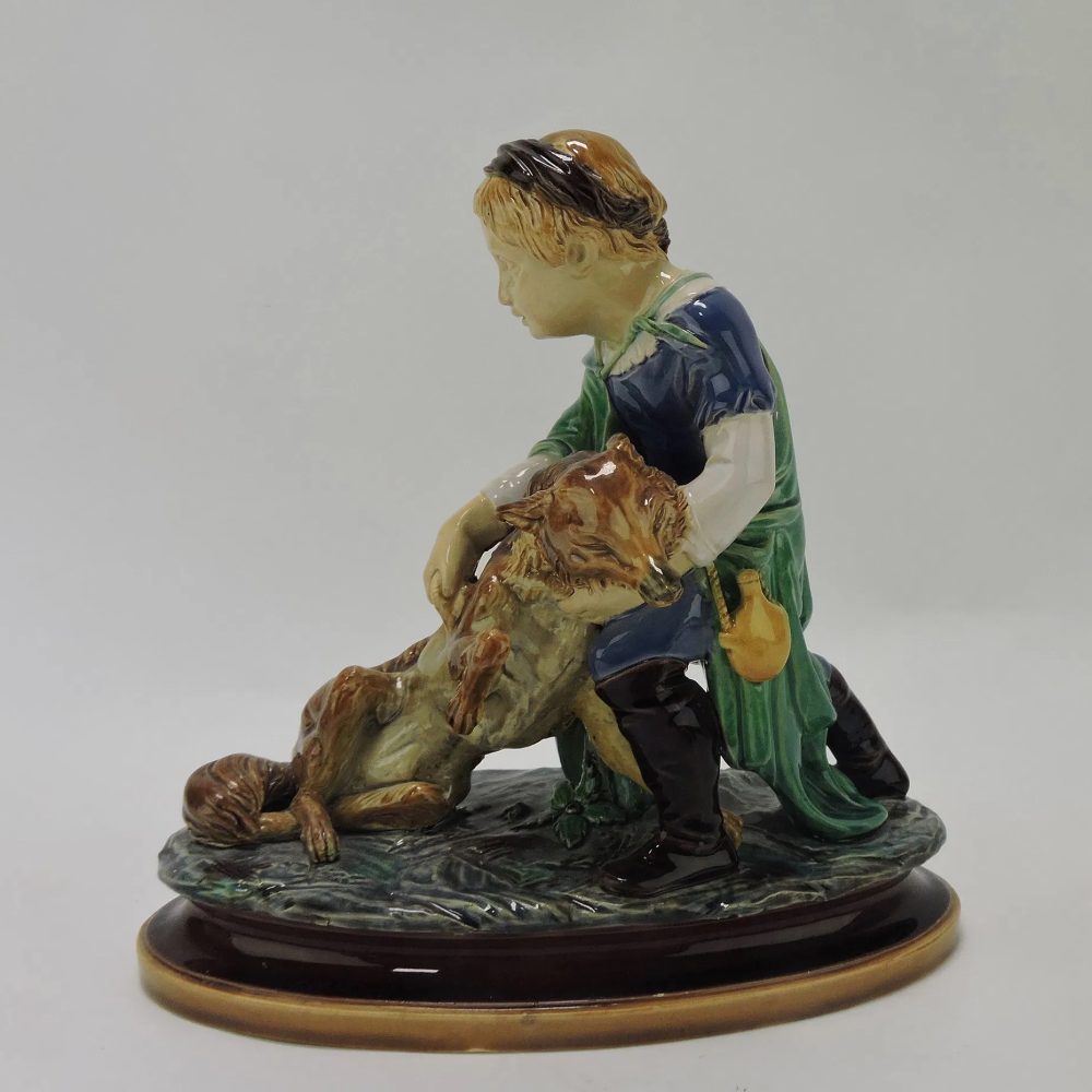 Minton 404 Majolica Figural group Boy And Fox