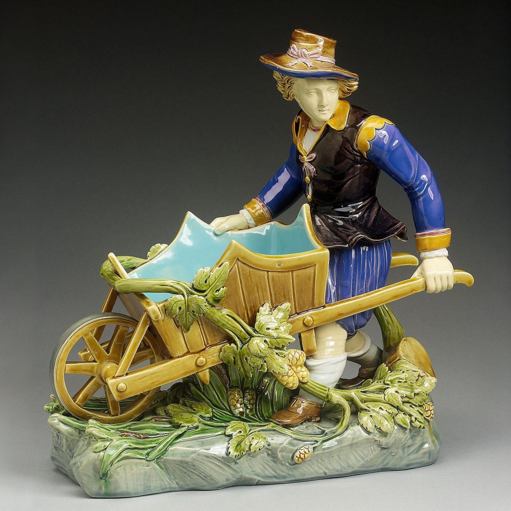 Minton 413 Majolica Figure Of Man With Wheelbarrow