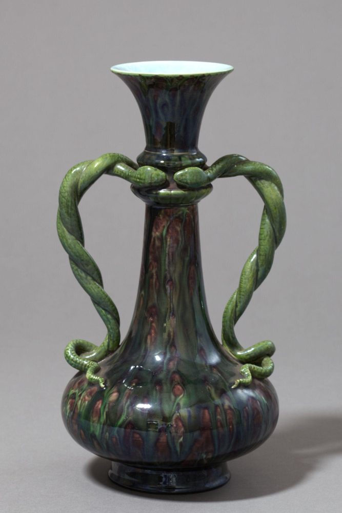 Minton 609 Majolica Vase With Double Snake Handles