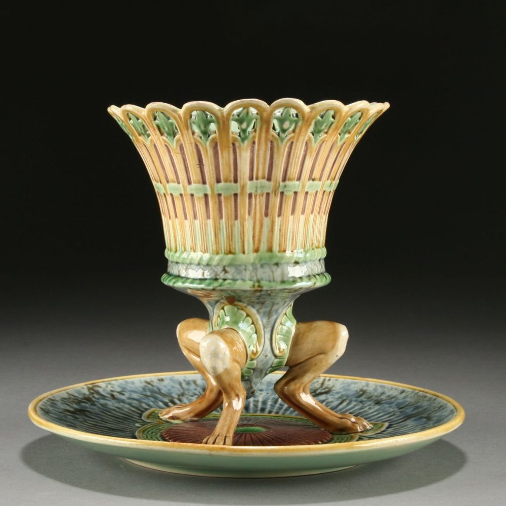 Minton 851 Majolica Tripod Pierced Tazza On Lion Feet