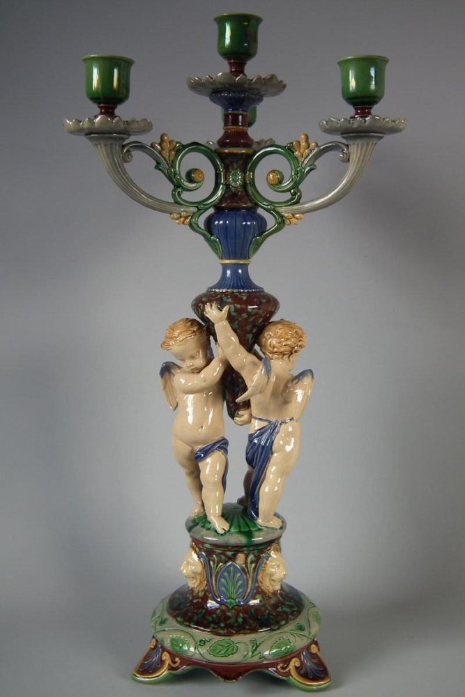 Minton 893 Majolica Cupids Candelabra