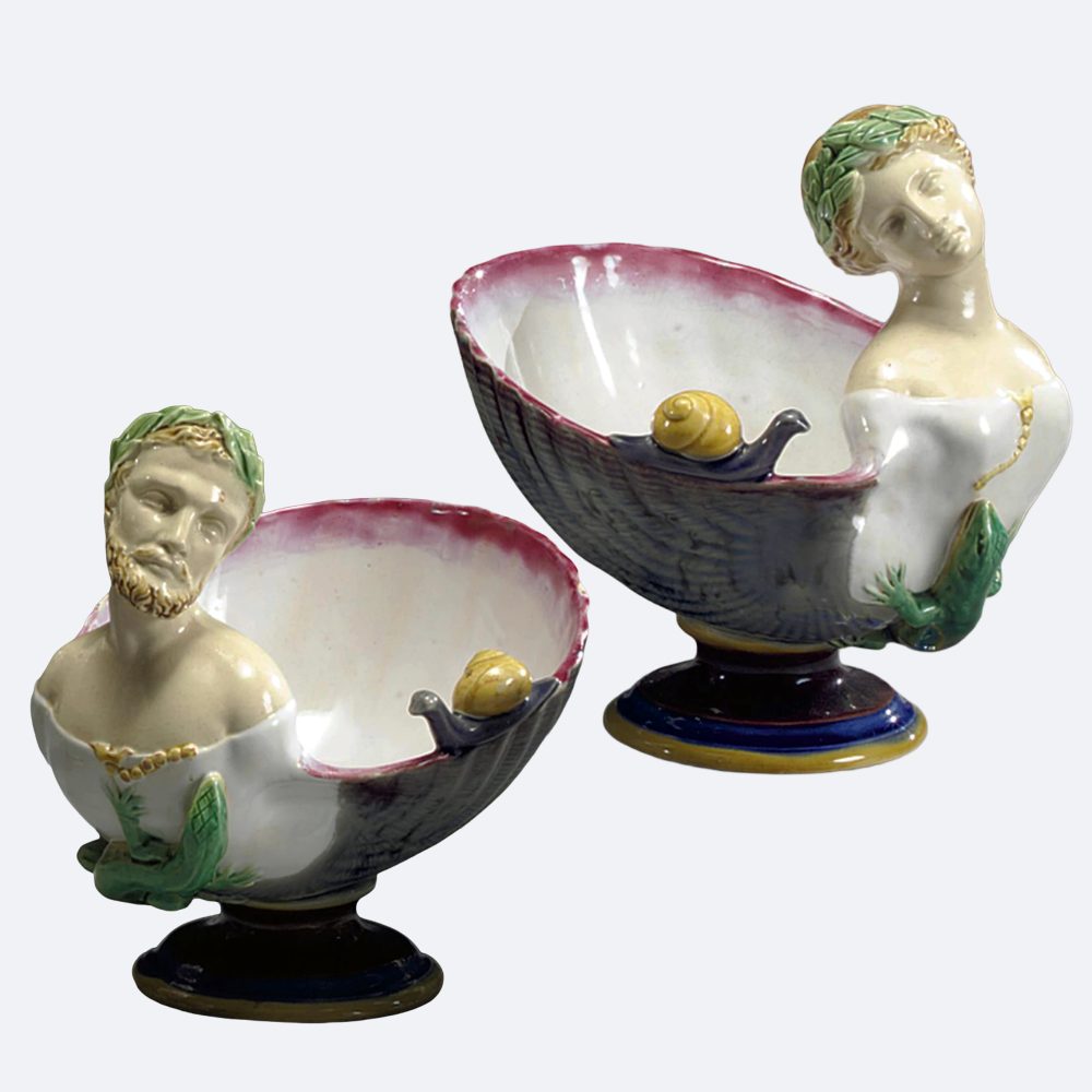 Minton 903 Majolica Antony And Cleopatra Shell Dishes With Head Handles 2