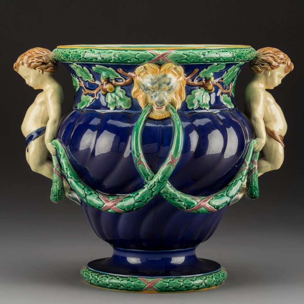 Minton Majolica 1018 Urn With Putti Form Handles