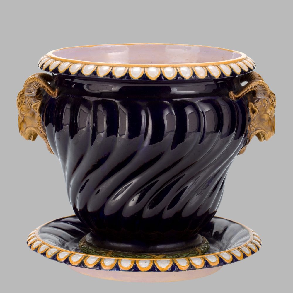 Minton Majolica Garden Pot 727. Ram head handles.