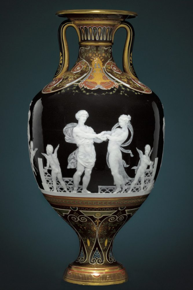 Minton Pate-Sur-Pate Vase by Solon 'L'AMOUR BRISANT LES BARRIERES'. Signed. Shape number 1653.