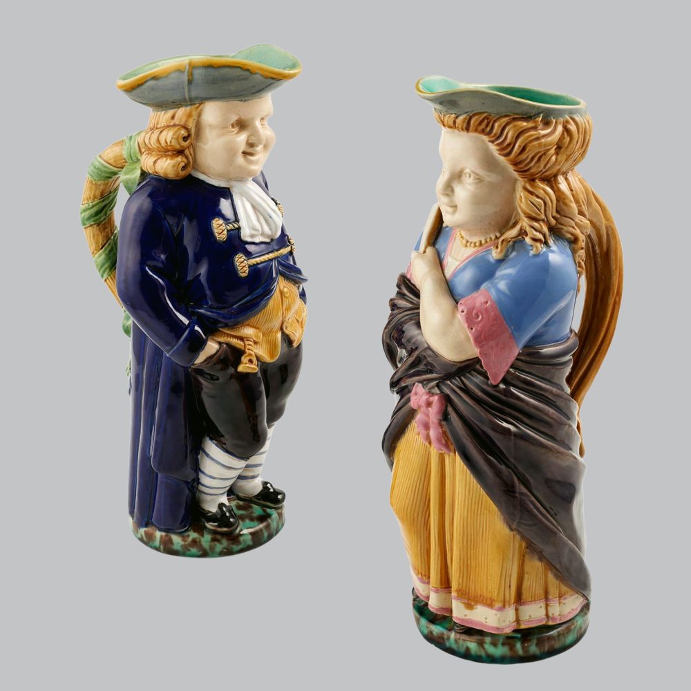 Minton 1139 1140 Majolica Quaker Man And Lady With Fan Toby Jugs