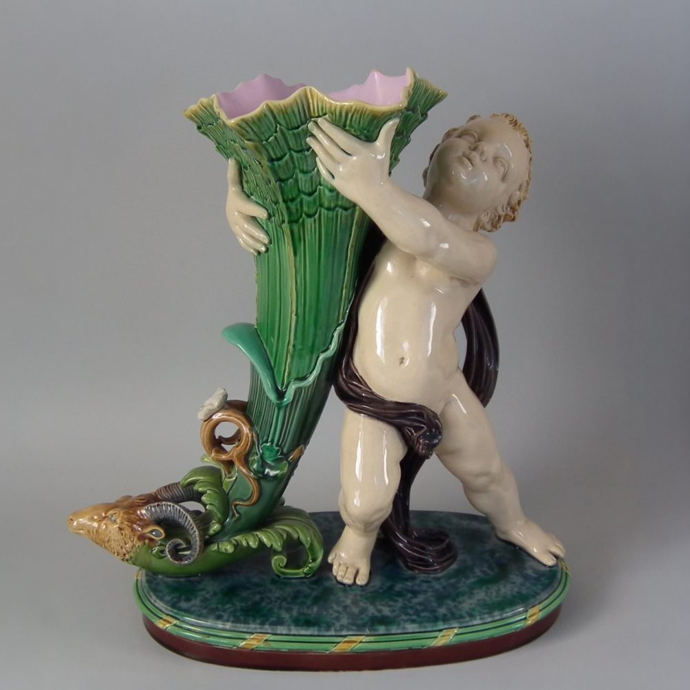 Minton 1149 Majolica Cherub Figure With Cornucopia Vase