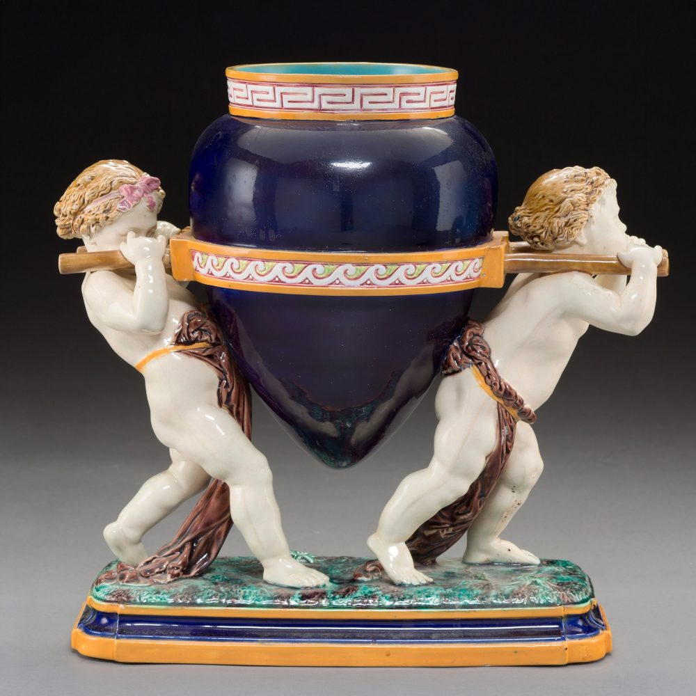 Minton 1517 Majolica Cherubs Carrying Vase