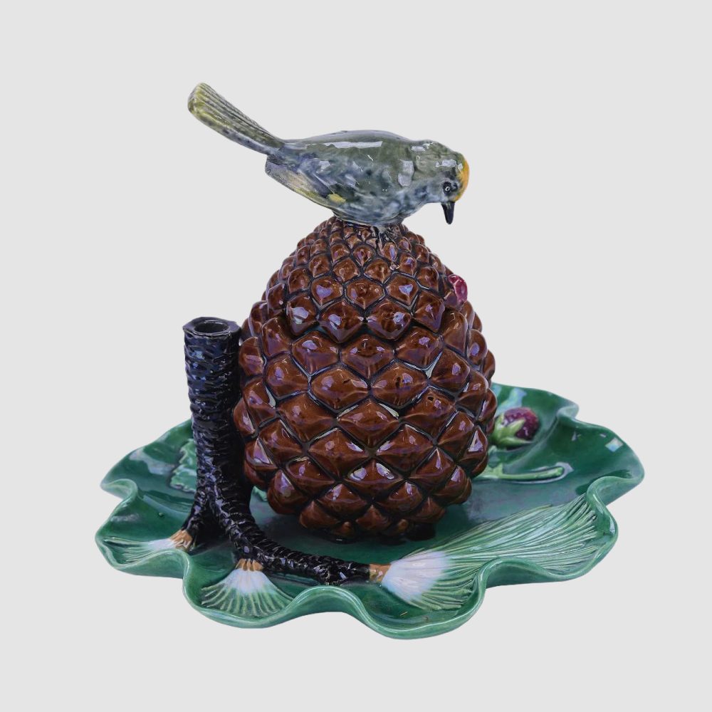 Minton 1525 Majolica Pineapple Inkstand With Bird