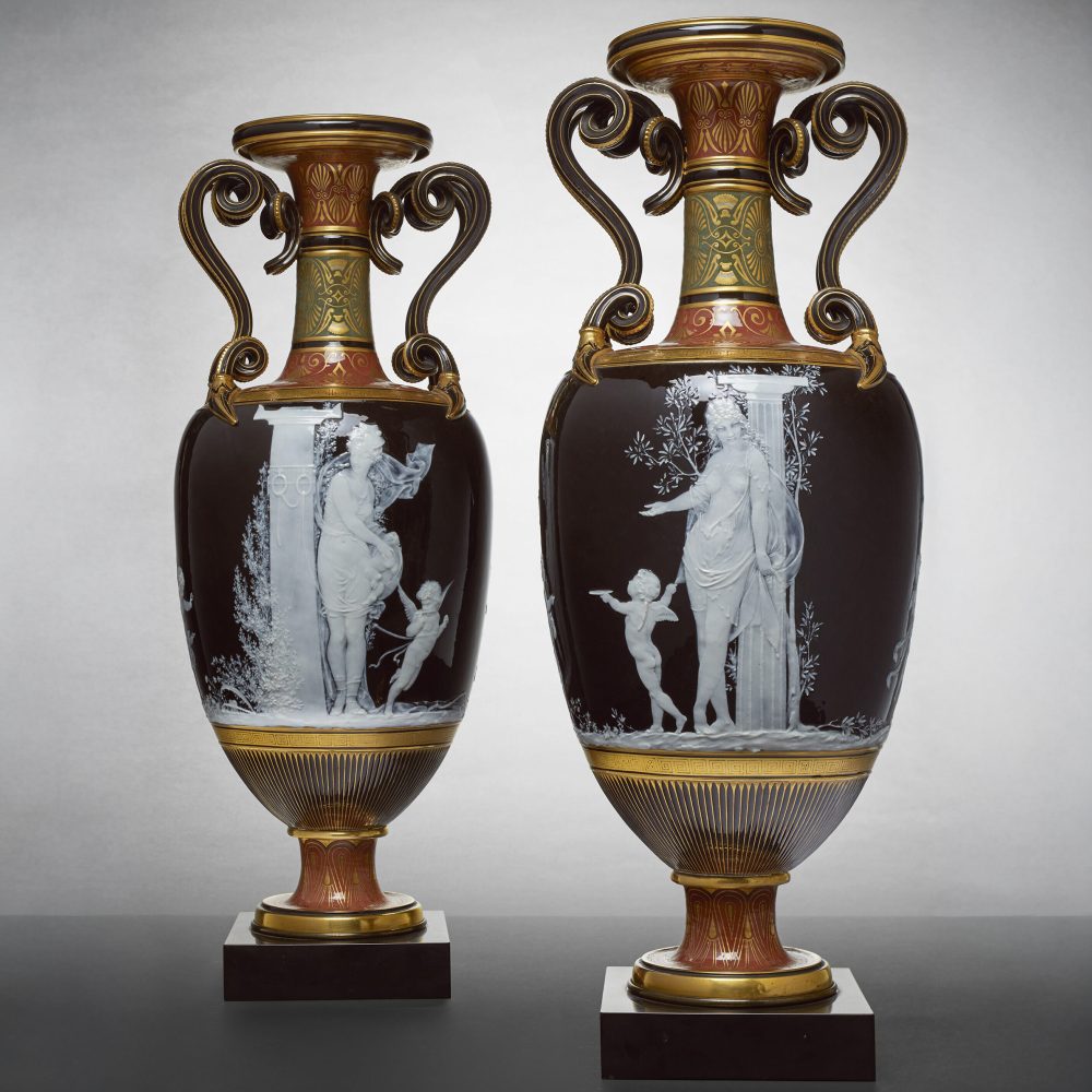 Pair of Minton Pate-Sur-Pate Vases by Solon c.1875. Shape Number 1946. Signed.