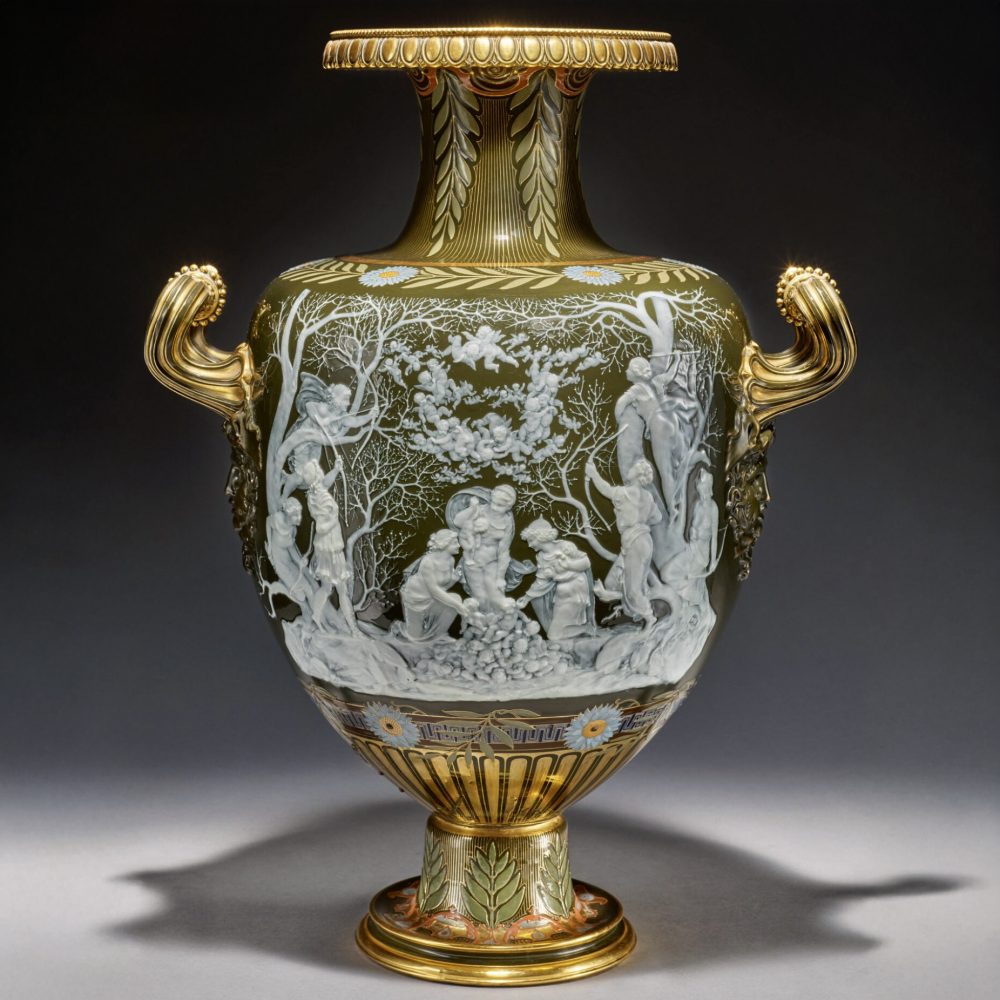 Minton 2148 pate-sur-pate vase with mask handles