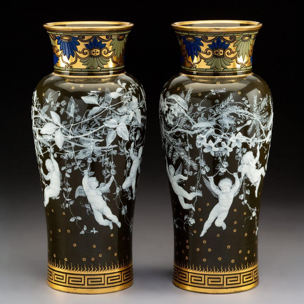 Minton 2771 Pair Of Pate Sur Pate Cupid Vases By Albion Birks