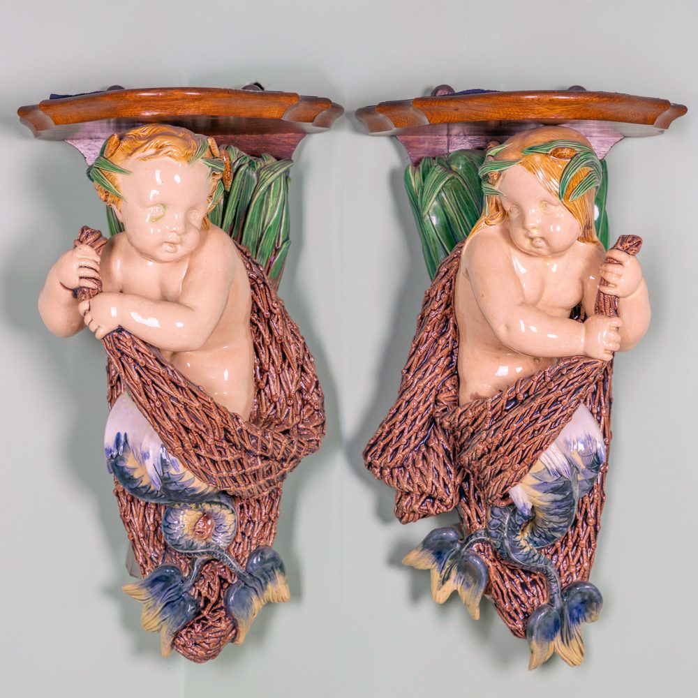 Minton 522 523 Majolica Wall Brackets Triton Fishing