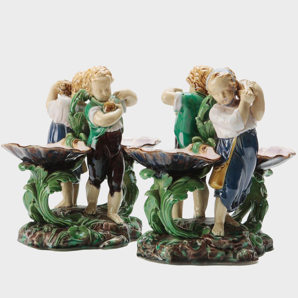 Minton 613 Majolica Salt With Boy And Girl Figures As Support