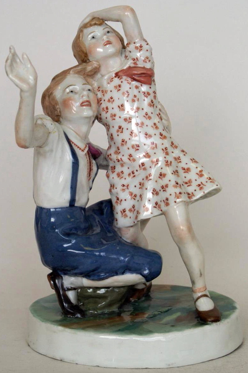 Lomonosov Soviet porcelain figural group "It's flying" by Kazimir Rizhov