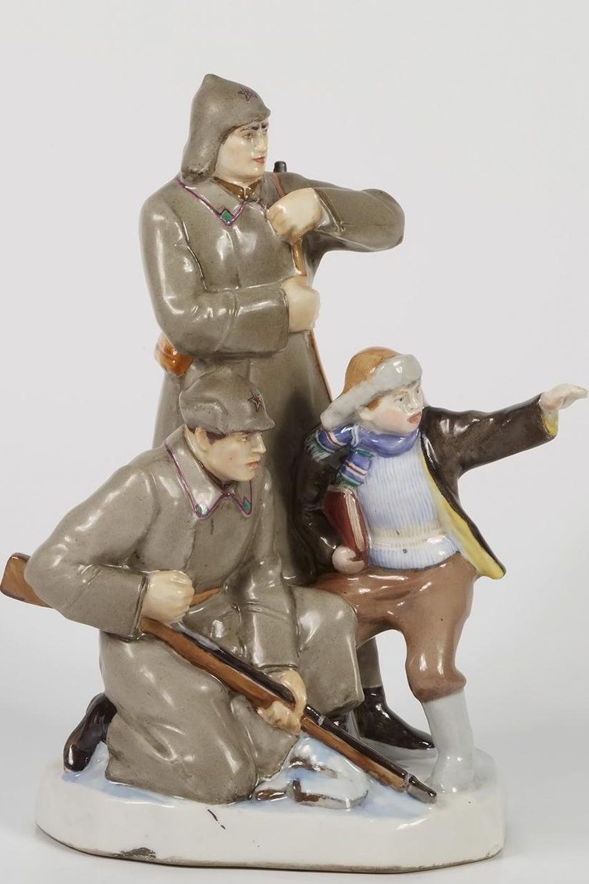 Soviet Lomonosov porcelain figural group "Two border guards and a boy" modeled by Kazimir Rizhov