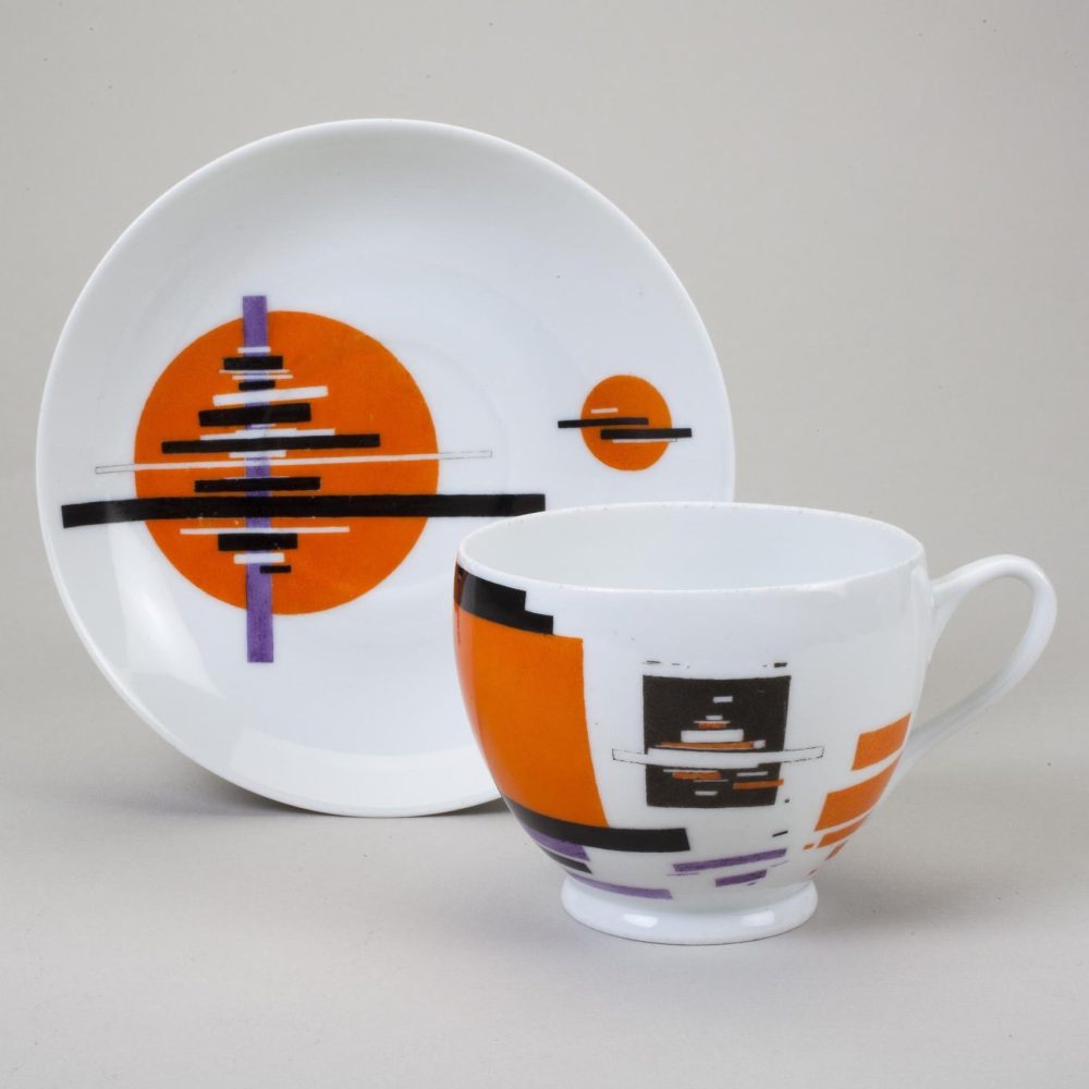 Soviet porcelain cup and saucer Suprematism after Ilya Chashnik. Lomonosov State Porcelain factory, St Petersburg, USSR. Circa 1923