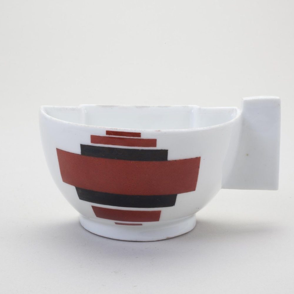Soviet porcelain cup Suprematism. Shape by Malevich. Drawing by Ilya Chashnik. Lomonosov State Porcelain factory, St Petersburg, USSR. Circa 1923
