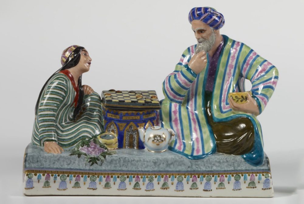 Soviet Porcelain Figural Inkwell Group "Playing Checkers". Uzbek.