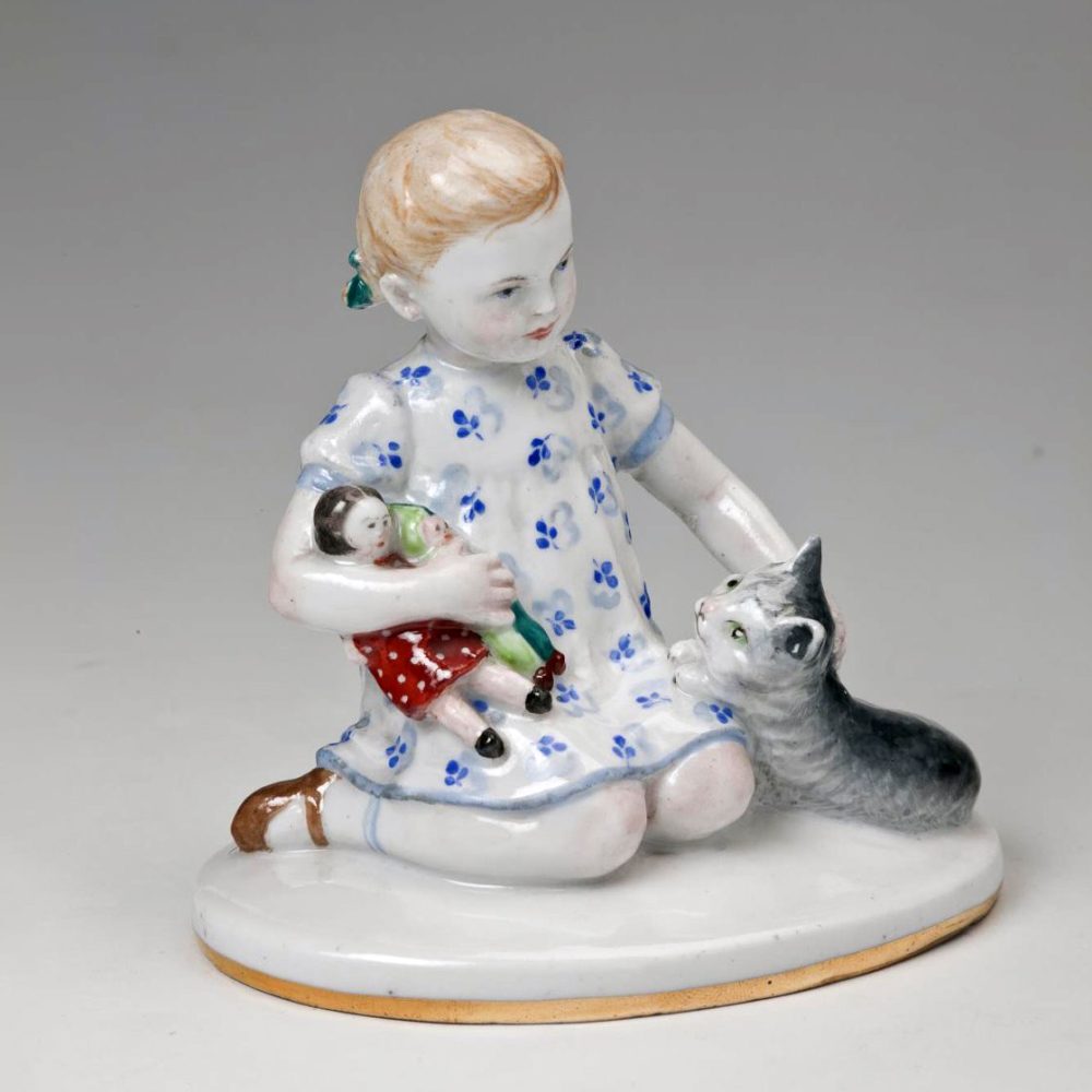 Soviet Porcelain Figural Group Child With Dolls By Velikhova