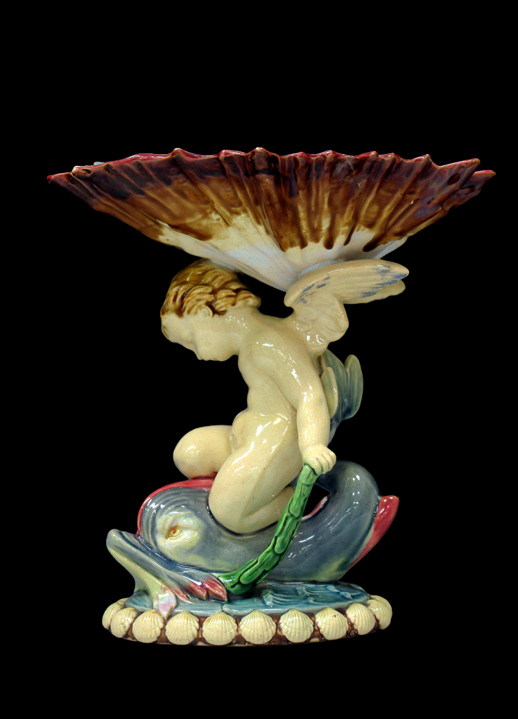 Minton 1003 Majolica Figure Cupid On Dolphin