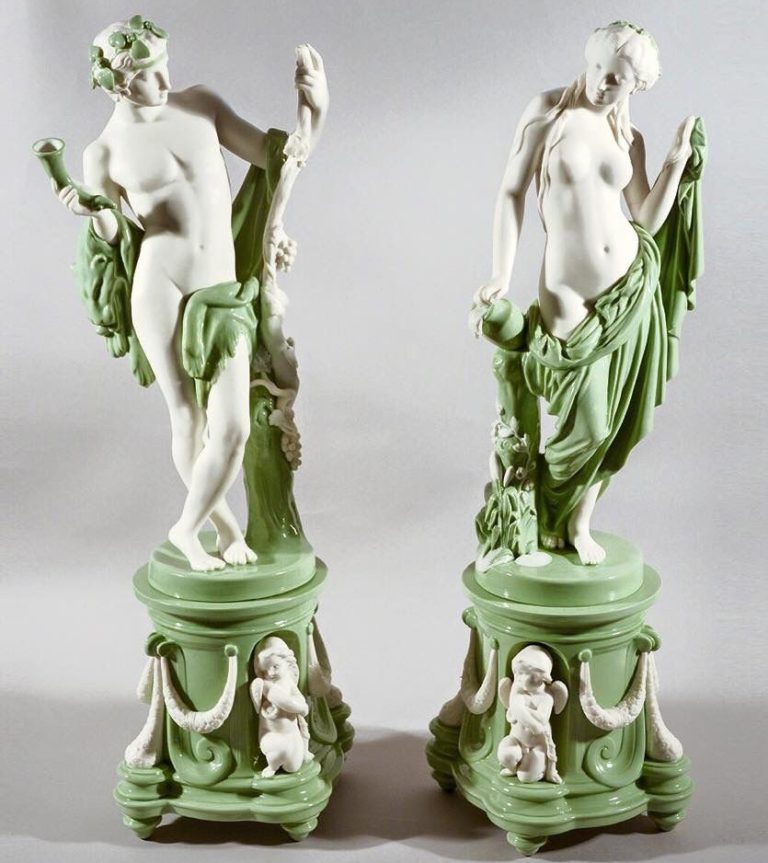 Minton 473 474 Parian Celadon Figures Of Bacchus And Ondine On Pedestals