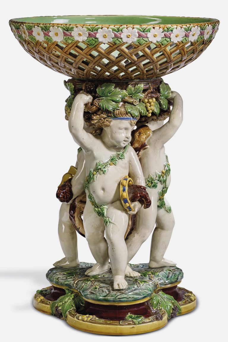 Minton Majolica Cherub Centerpiece With Daisy Basket