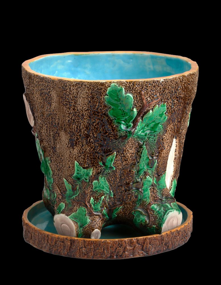 Minton 1361 Majolica Oak Stump Jardiniere And Stand