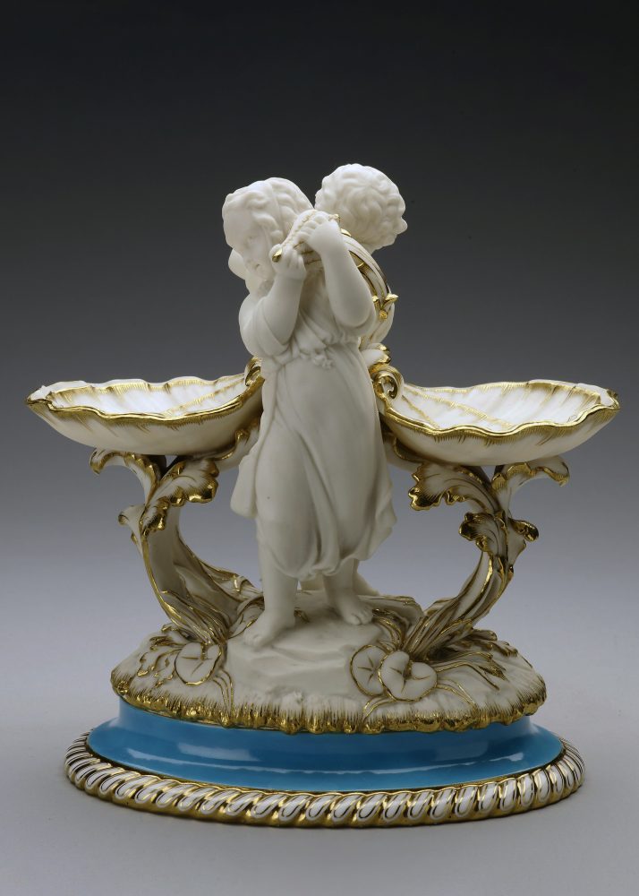Minton 613 Porcelain Salt With Boy And Girl Parian Figures As Support