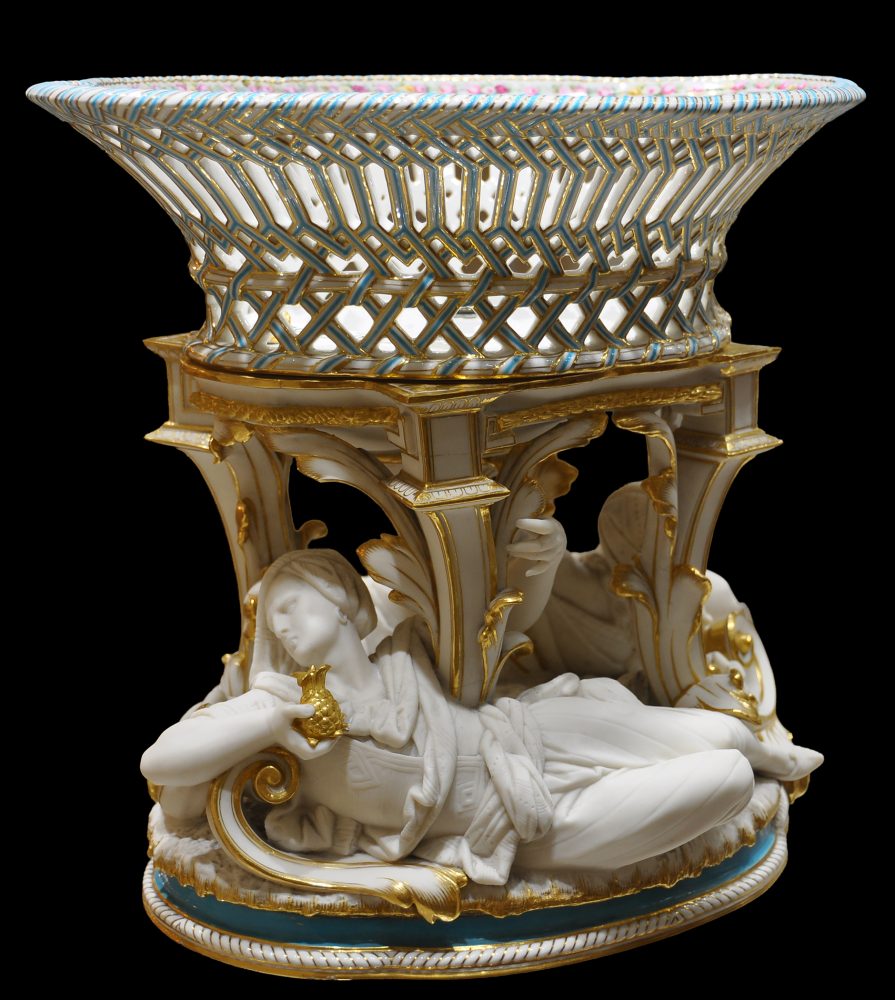Minton Parian Centerpiece Basket With Reclining Figures